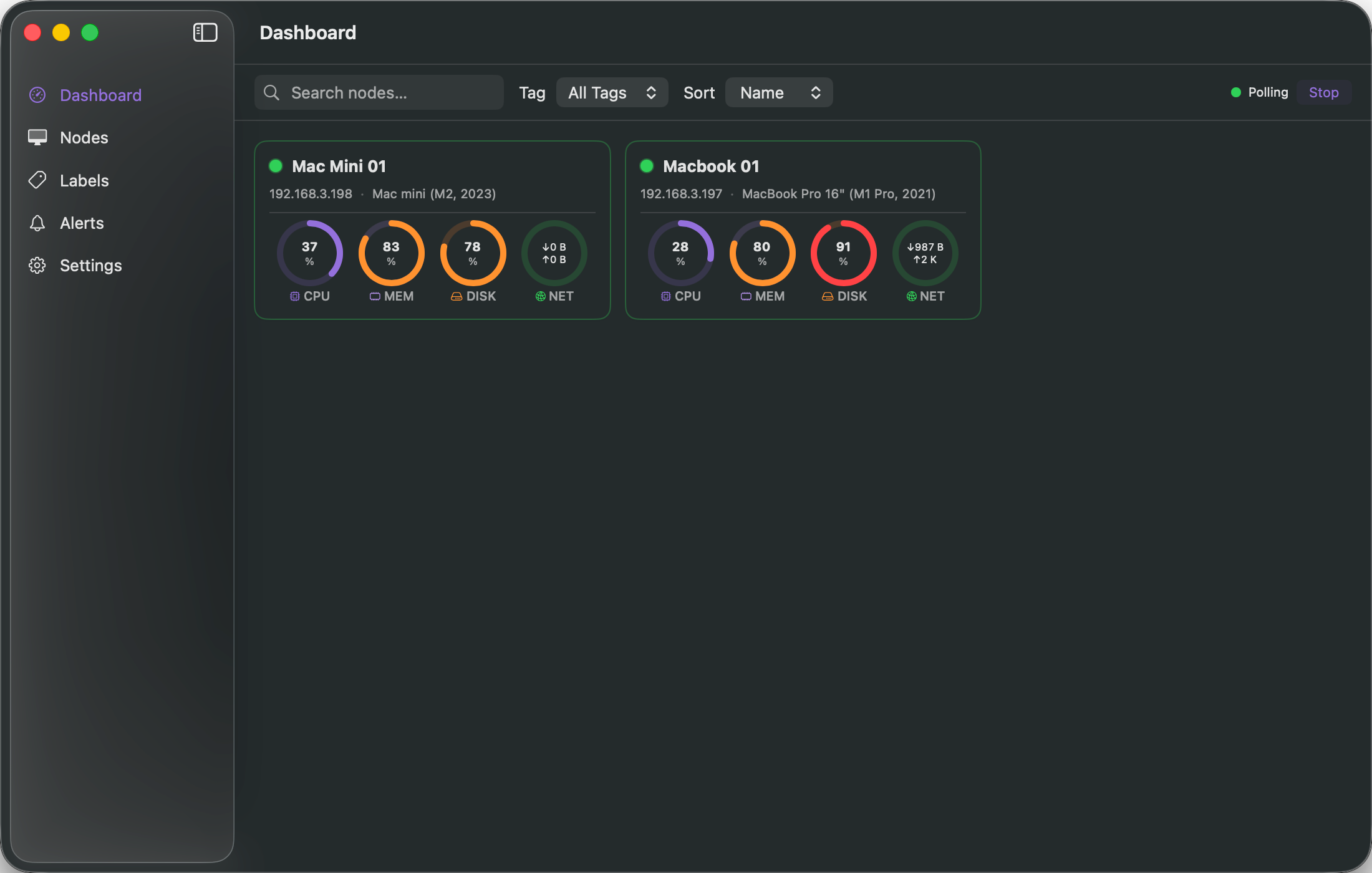 RackMini Dashboard — real-time metrics for every node at a glance